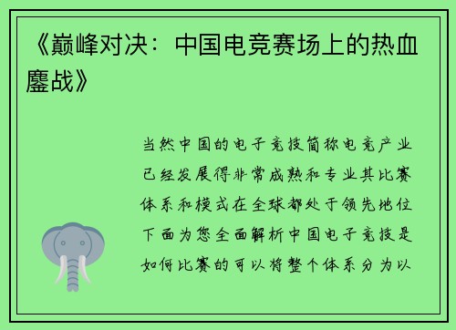《巅峰对决：中国电竞赛场上的热血鏖战》